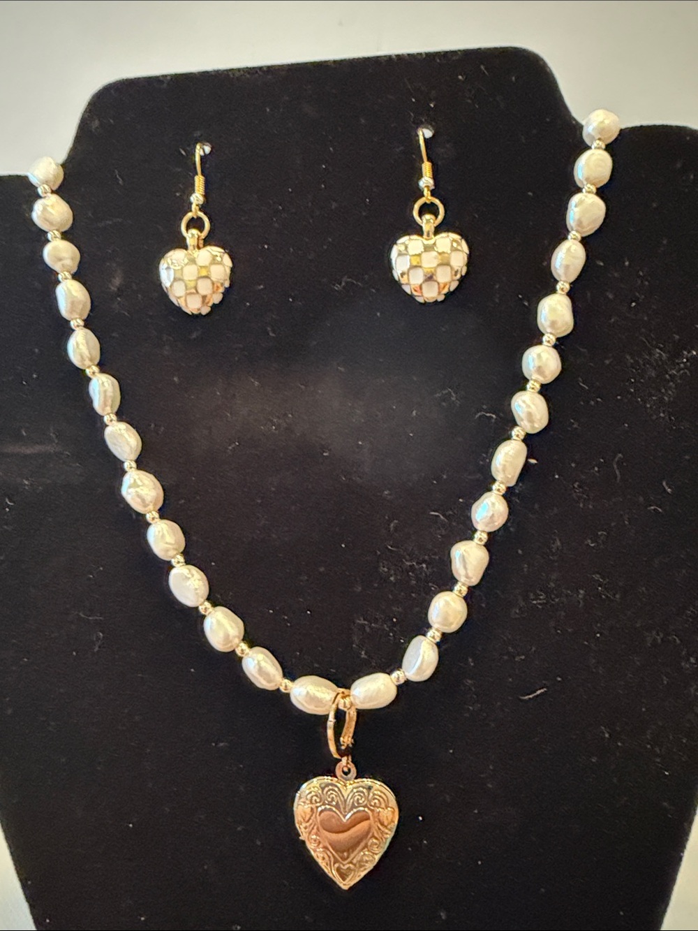 Gold Heart Pearl Locket Necklace and Earring Set